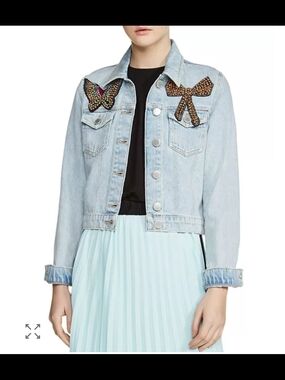 Maje Light Wash Denim Jacket with Beaded Butterfly Appliqués Size Small